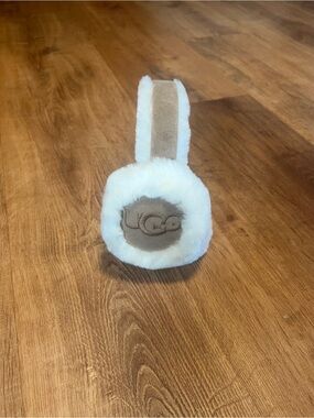 Kids UGG On-Ear Shearling Headphones in White and Tan.